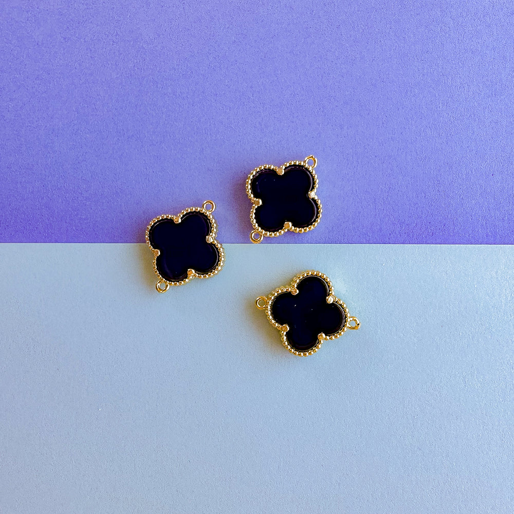 16mm Synthetic Black Onyx Quatrefoil Gold Connector Charm