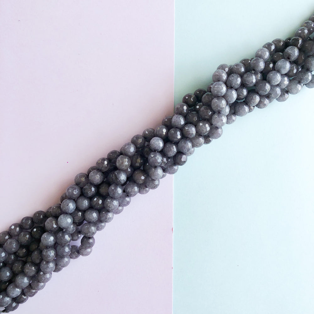 8mm Smoke Charcoal Slate Dyed Jade Faceted Rounds Strand