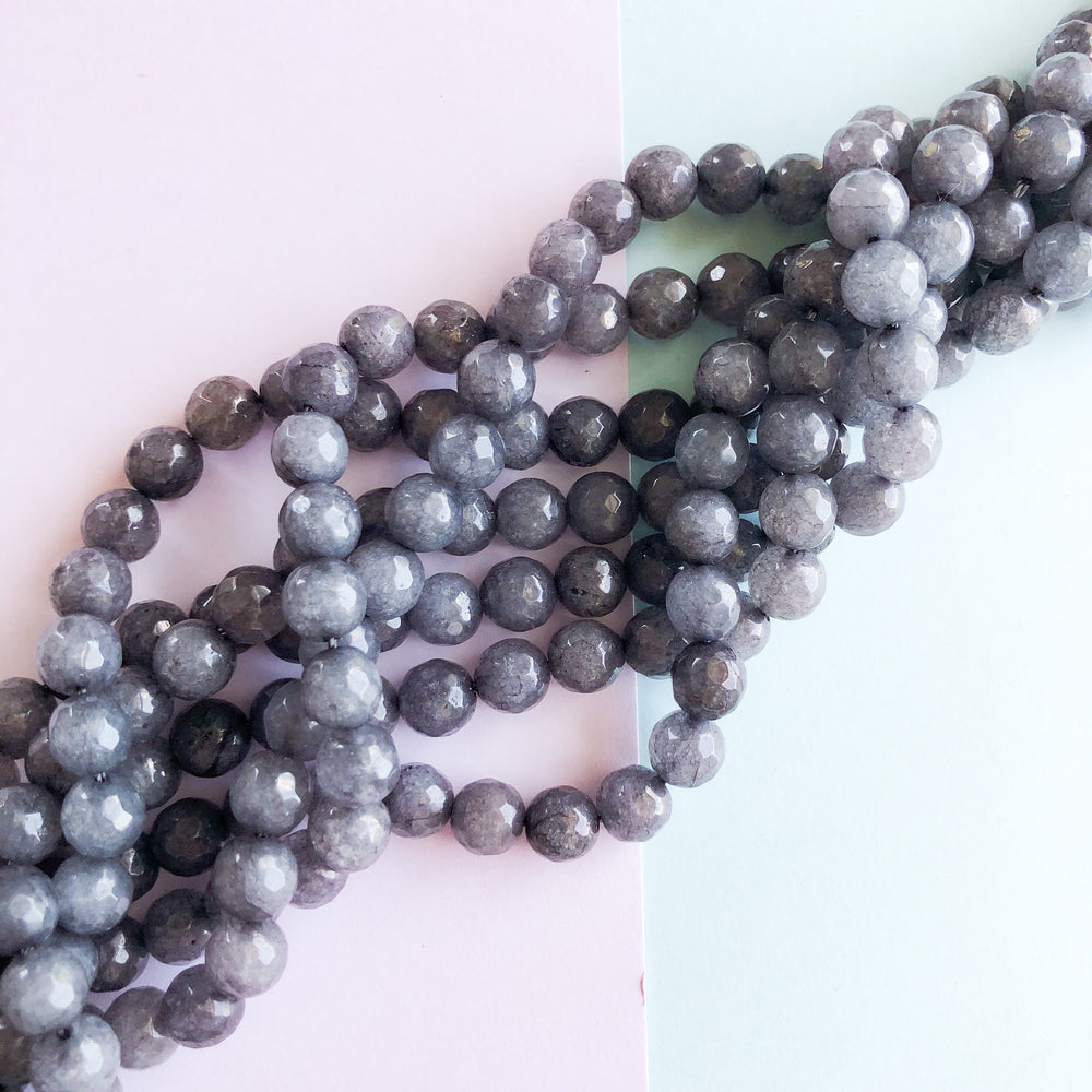 8mm Smoke Charcoal Slate Dyed Jade Faceted Rounds Strand