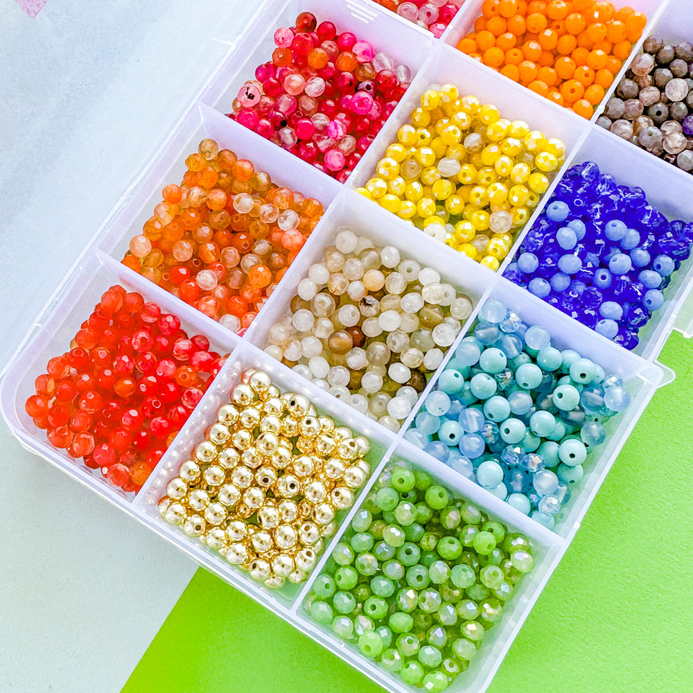 4mm Rainbow Round Stone + Crystal Mix Bead Box Set 1000 pieces+