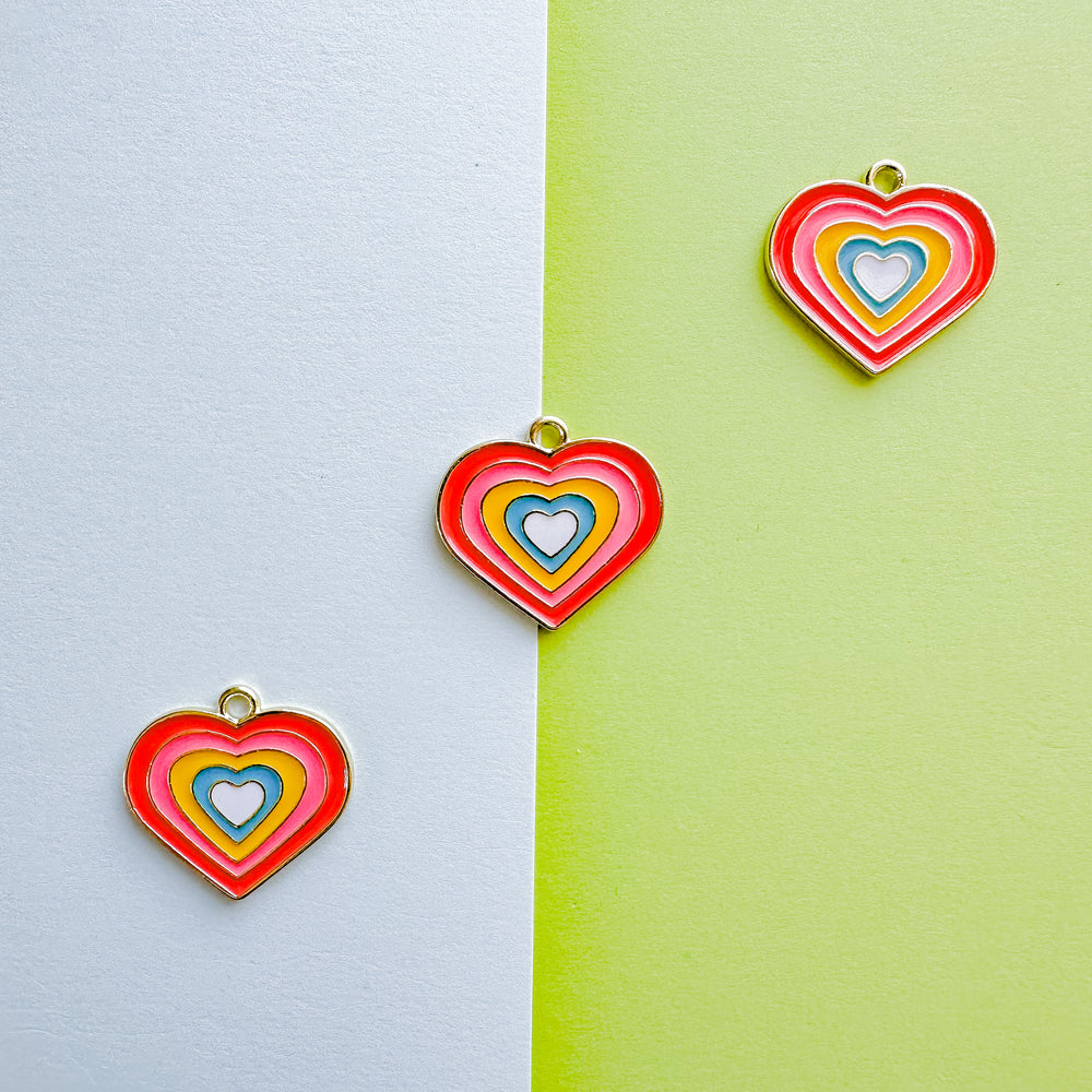 25mm Enamel Rainbow Gold Heart Charm