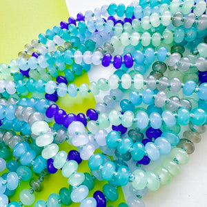 8mm Rainbow Blues Smooth Dyed Jade Rondelle Long Knotted Loop