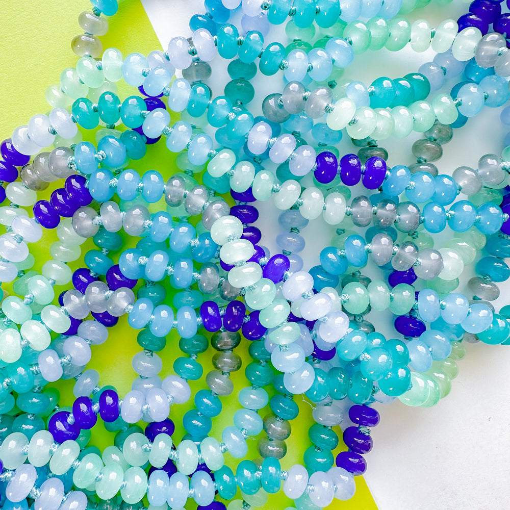 8mm Rainbow Blues Smooth Dyed Jade Rondelle Long Knotted Loop