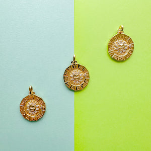 25mm Shiny Gold Pave Sun Zodiac Coin Charm