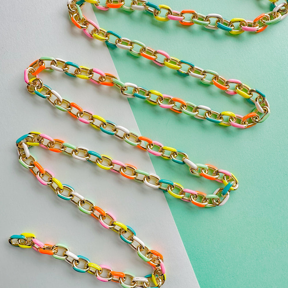 8mm Neon Rainbow Oval Cable Shiny Gold Chain