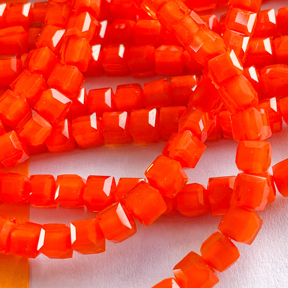 4mm Bright Orange Faceted Cube Crystal Strand