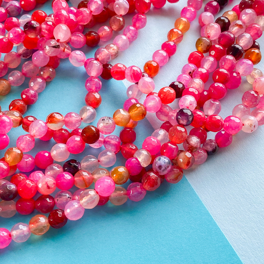 6mm Neon Pink Medley Agate Faceted Round Strand