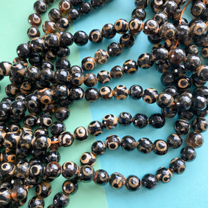 10mm Faceted Black DZI Agate Round Strand