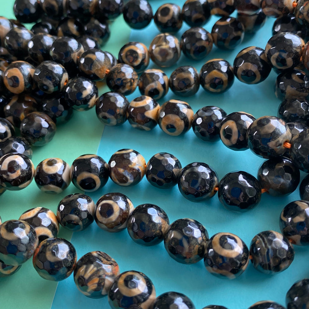 10mm Faceted Black DZI Agate Round Strand