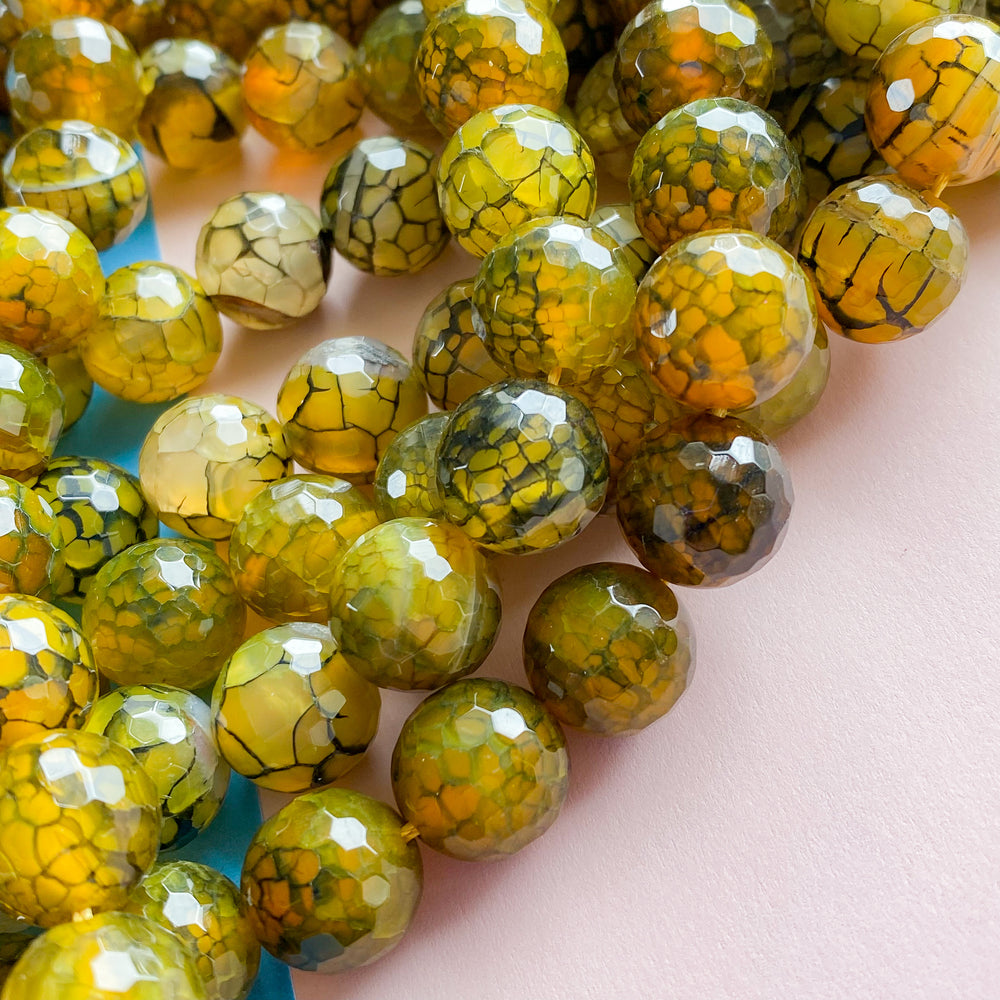 14mm Faceted Kelp Crackle Agate Rounds Strand