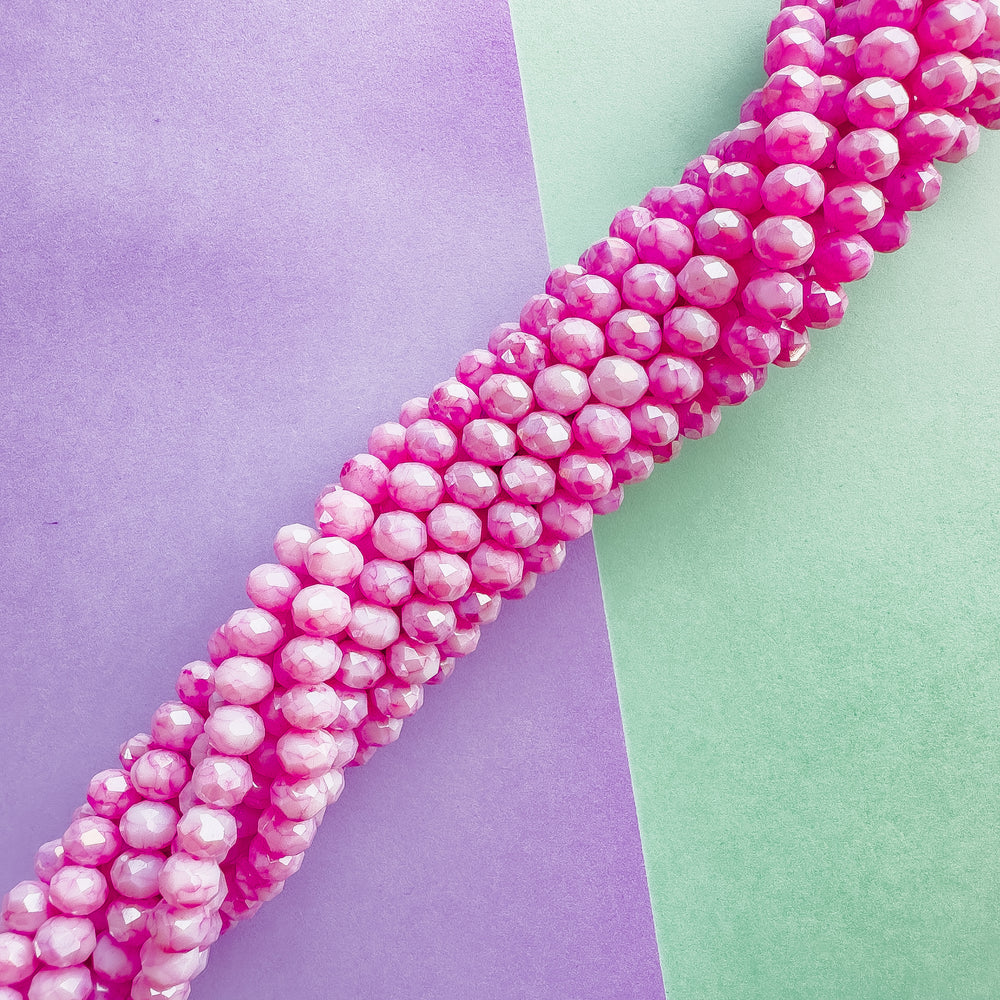 8mm Pink Swirl Diamond Crystal Rondelle Strand