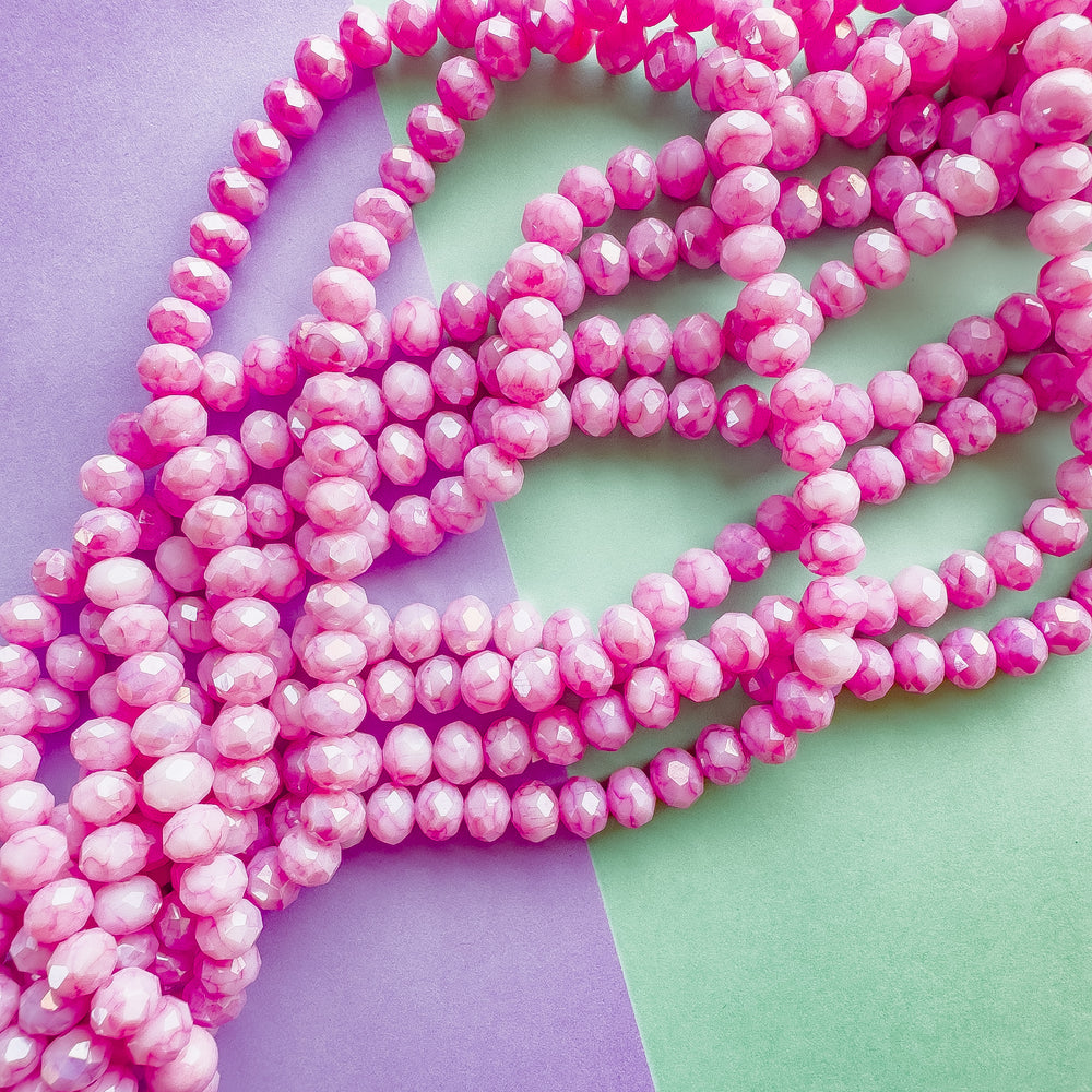 8mm Pink Swirl Diamond Crystal Rondelle Strand