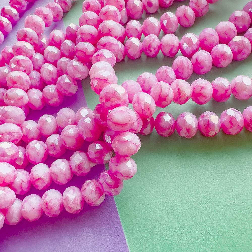 8mm Pink Swirl Diamond Crystal Rondelle Strand