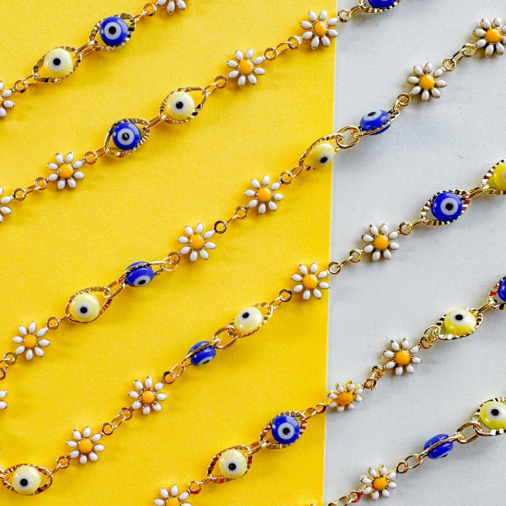 7mm Enamel Daisy Evil Eye Gold Chain