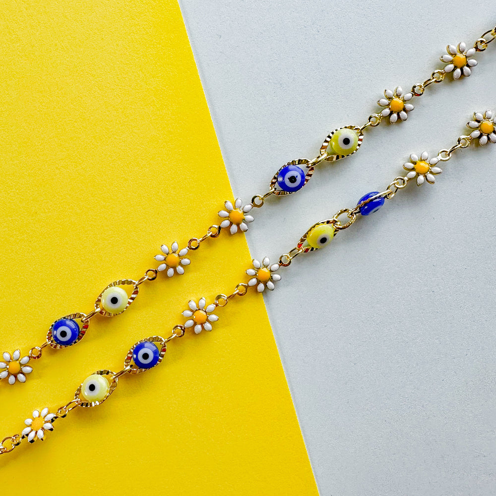 7mm Enamel Daisy Evil Eye Gold Chain