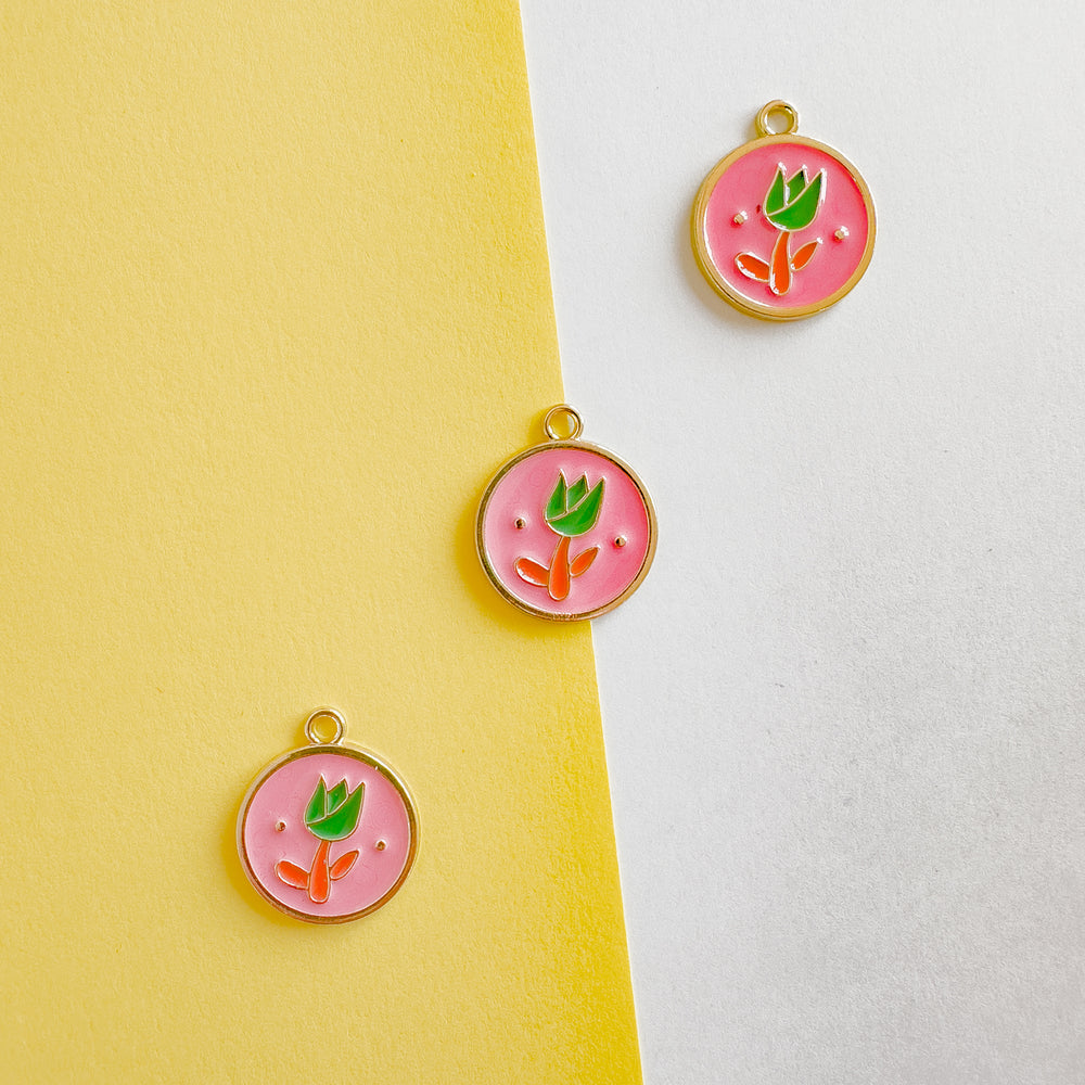 20mm Shiny Gold Enamel Pink Tulip Flower Charm