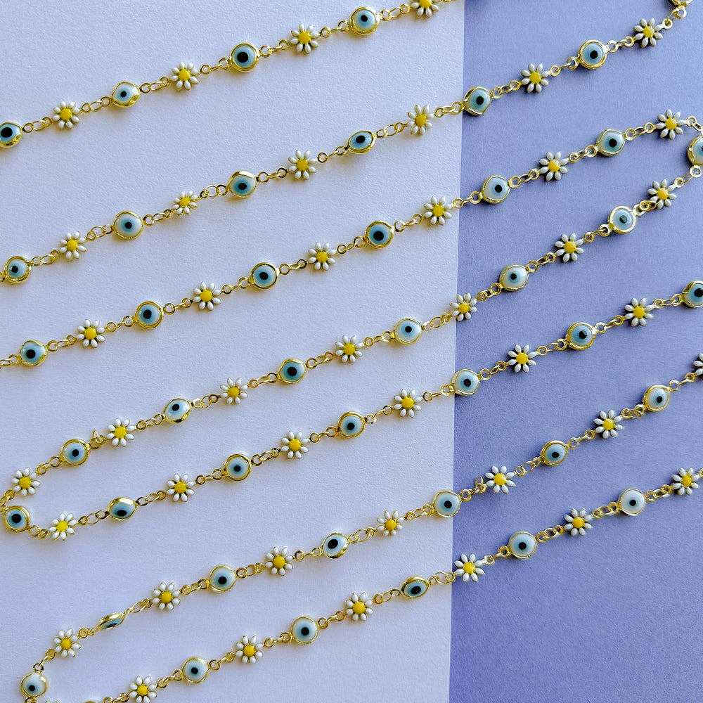 7mm Enamel Daisy Evil Eye Gold Chain (Light)