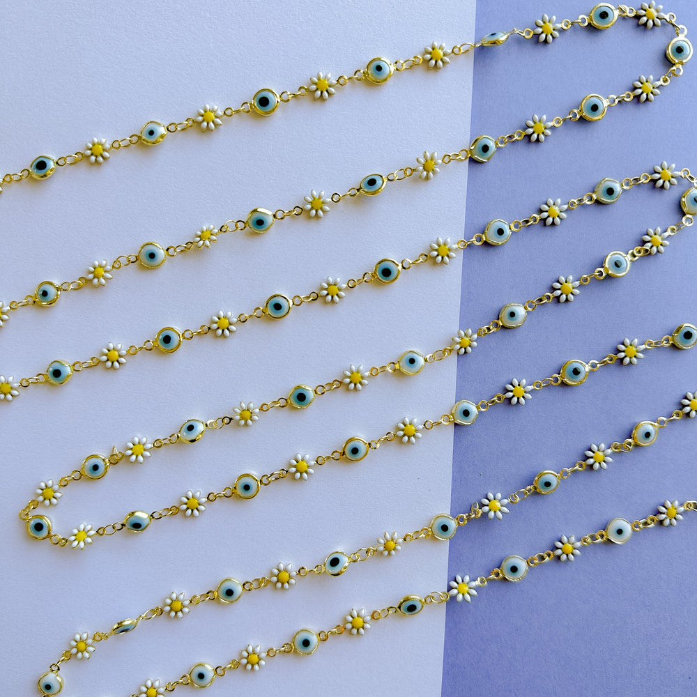 7mm Enamel Daisy Evil Eye Gold Chain (Light)