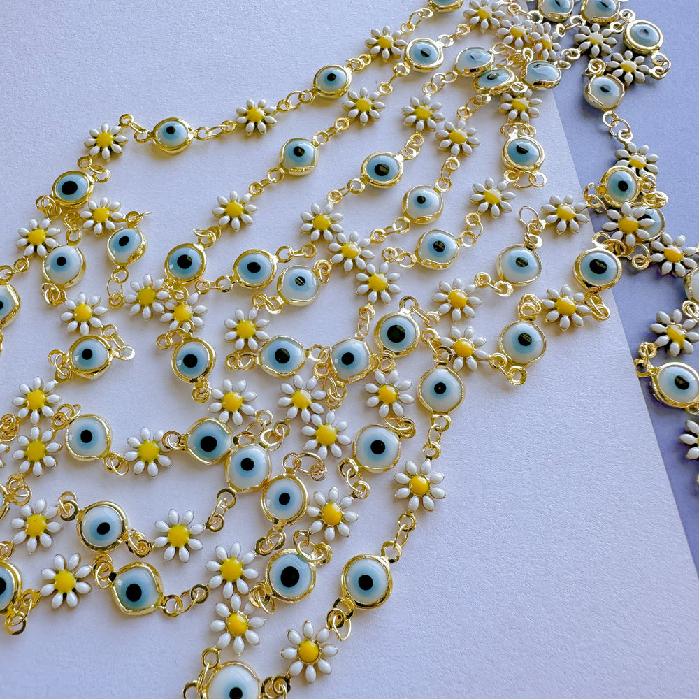 7mm Enamel Daisy Evil Eye Gold Chain (Light)