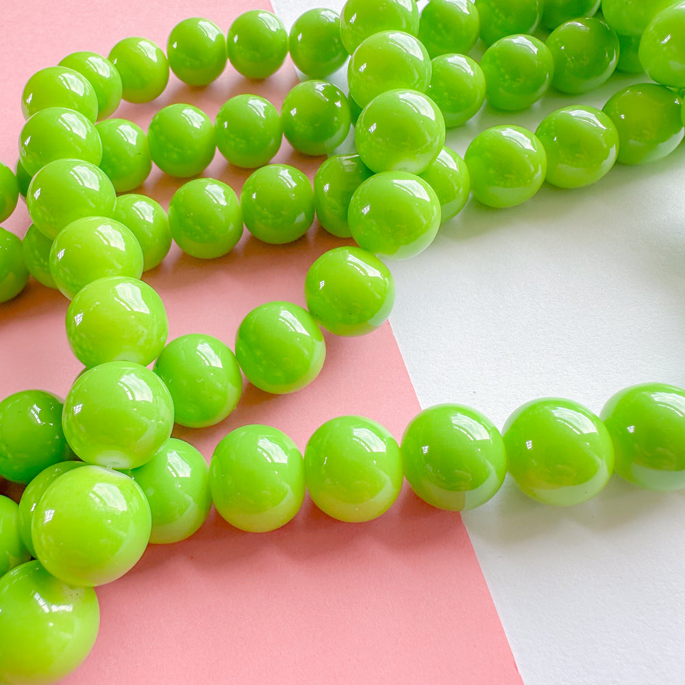 14mm Lime Green Smooth Coated Glass Round Strand