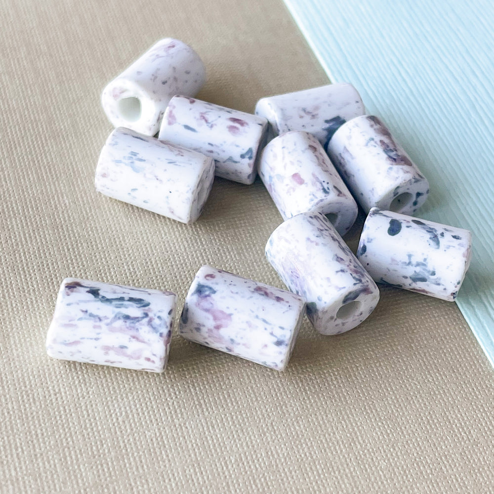 8mm Blue + Purple Swirl Vintage Porcelain Barrel - 10 Pack