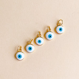 8mm White + Teal Enamel Evil Eye Gold Plated Coin Charm