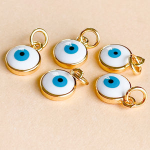 8mm White + Teal Enamel Evil Eye Gold Plated Coin Charm