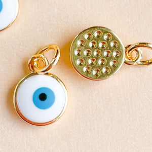 8mm White + Teal Enamel Evil Eye Gold Plated Coin Charm