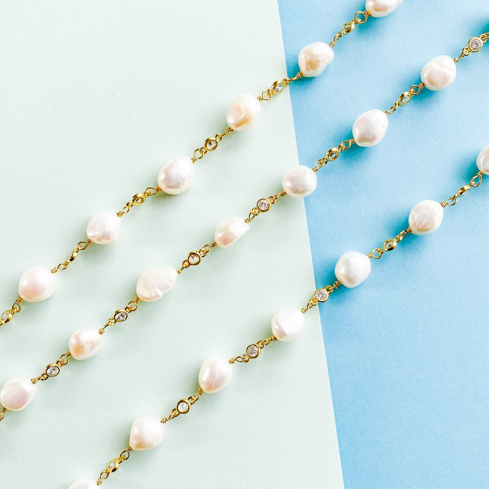 10mm Freshwater Pearl Gold Crystal Linked Chain