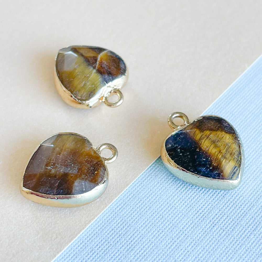 14mm Faceted Tigers Eye Gold Bezel Heart Charm