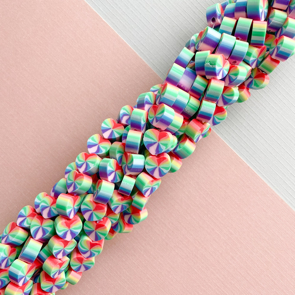 10mm Rainbow Heart Polymer Clay Strand