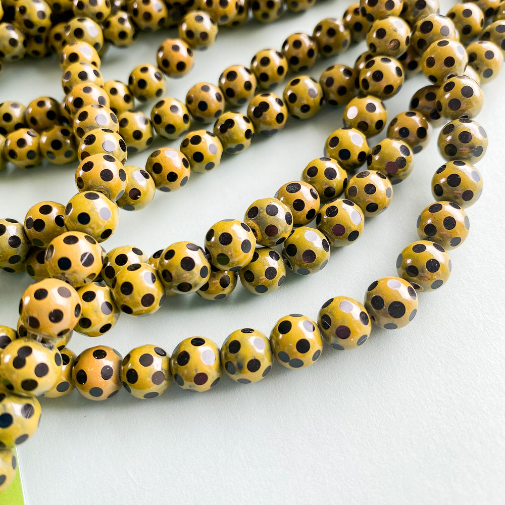 8mm Black and Beige Polka Dot Glass Rounds Strand