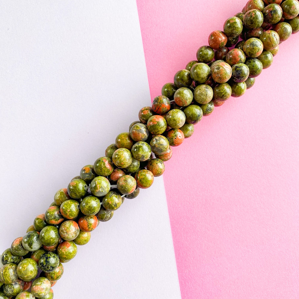 8mm Smooth Unakite Jasper Rounds Strand