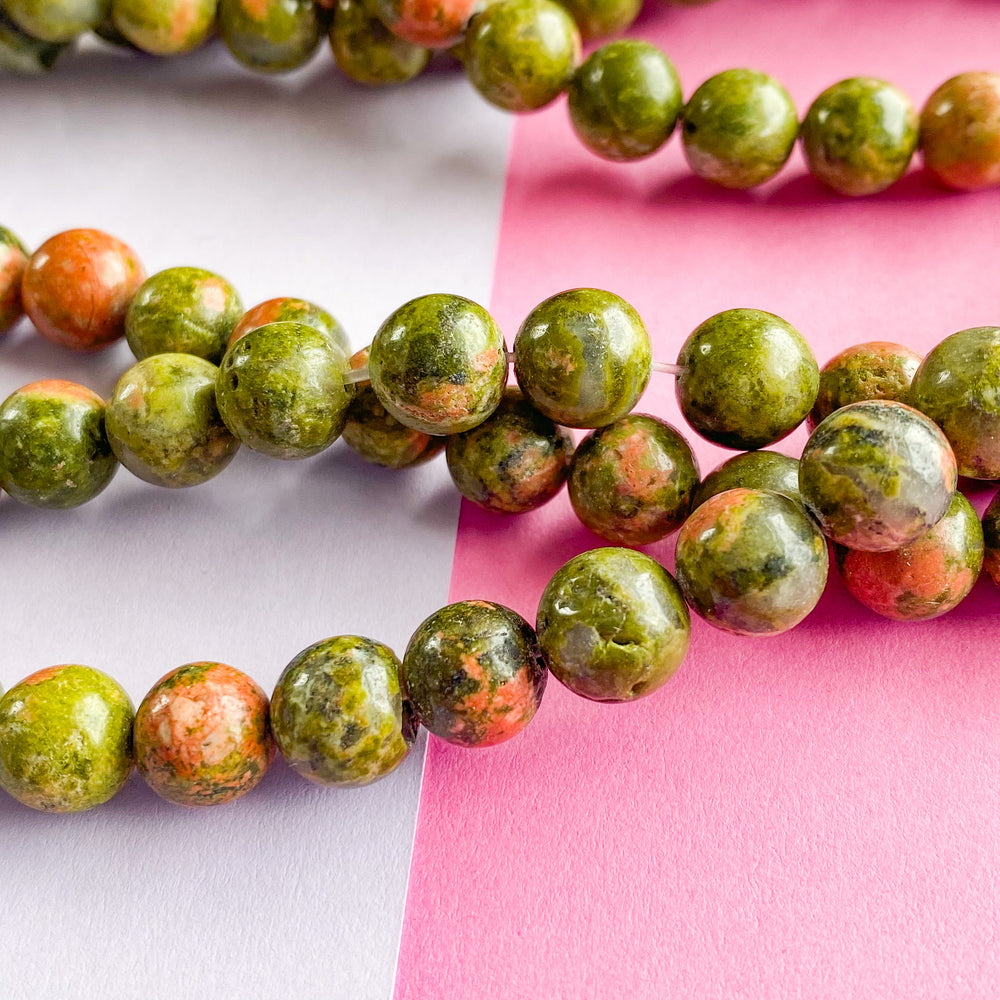 8mm Smooth Unakite Jasper Rounds Strand