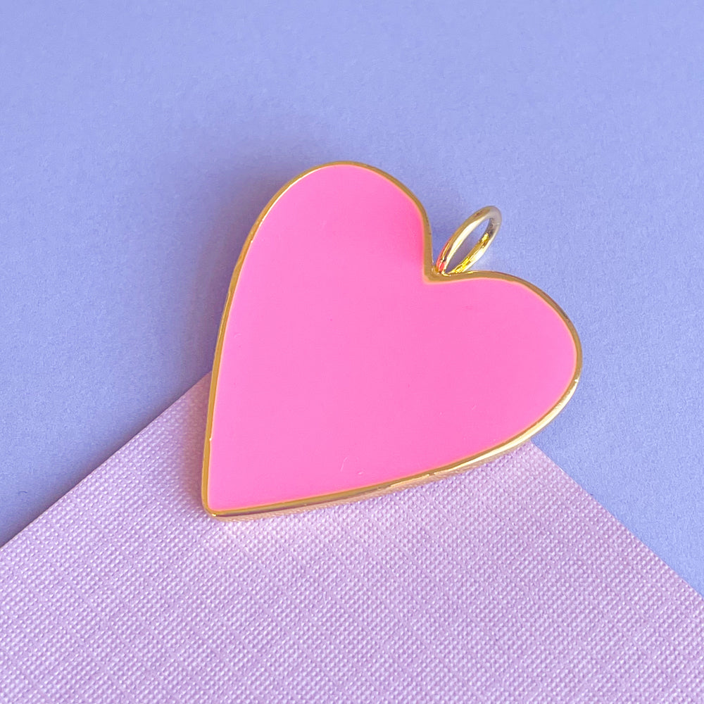 32mm Pink Enamel Gold Heart Pendant