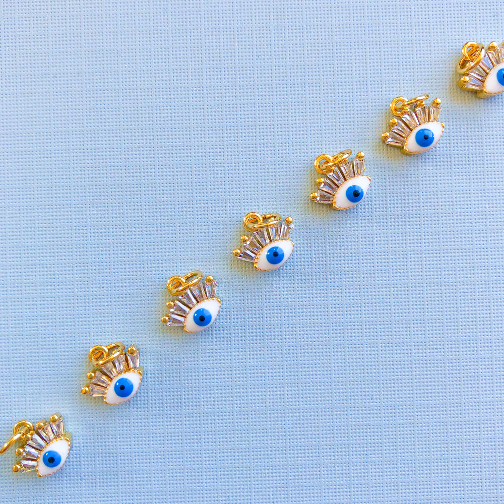 10mm White + Blue Long Lash Evil Eye Gold Plated Charm