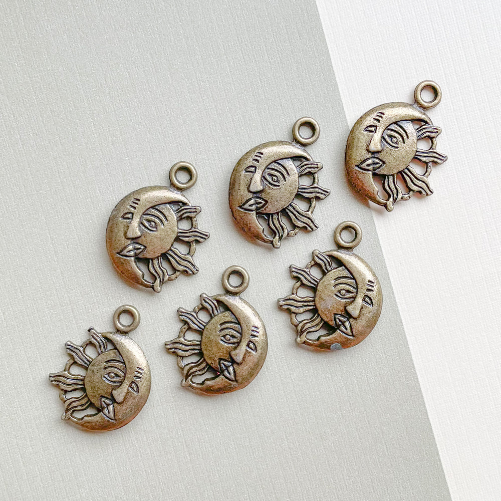 21mm Antique Brass Sun + Moon Face Charm - 6 Pack