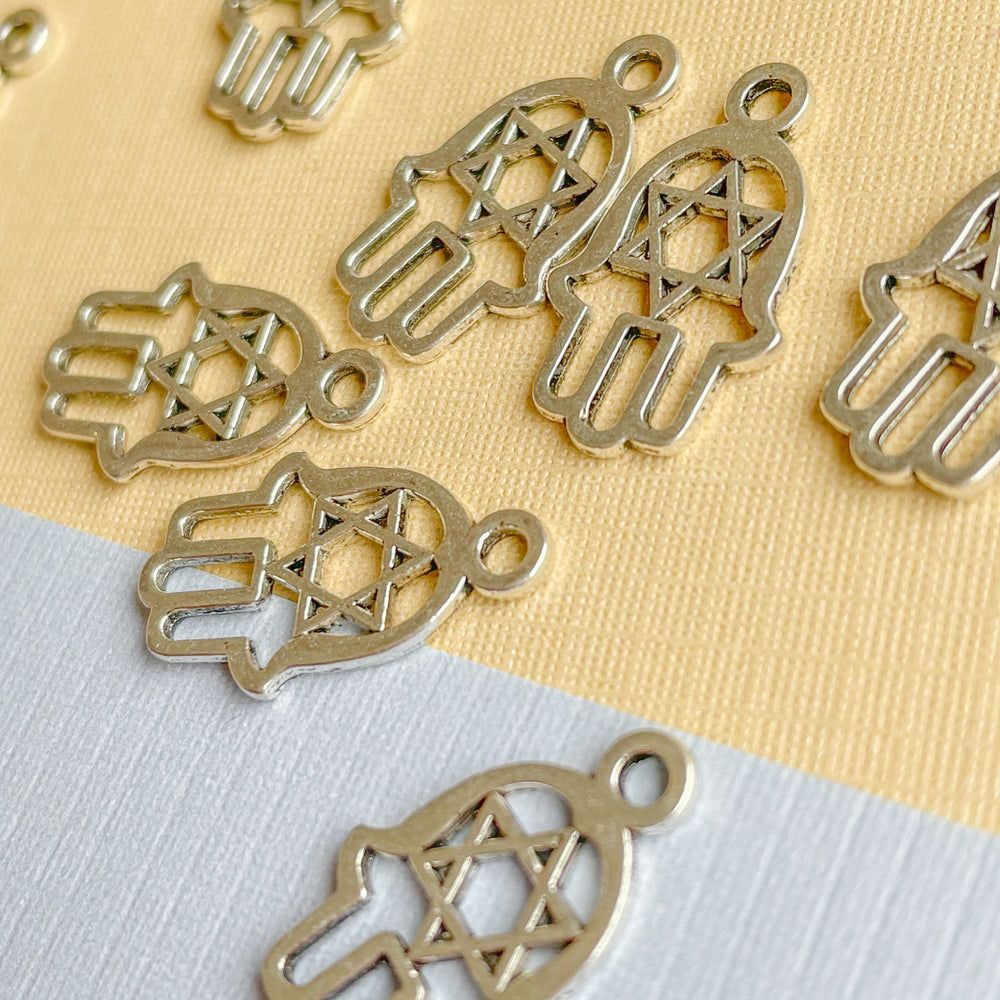 20mm Silver Pewter Hamsa Star of David Charm - 10 Pack