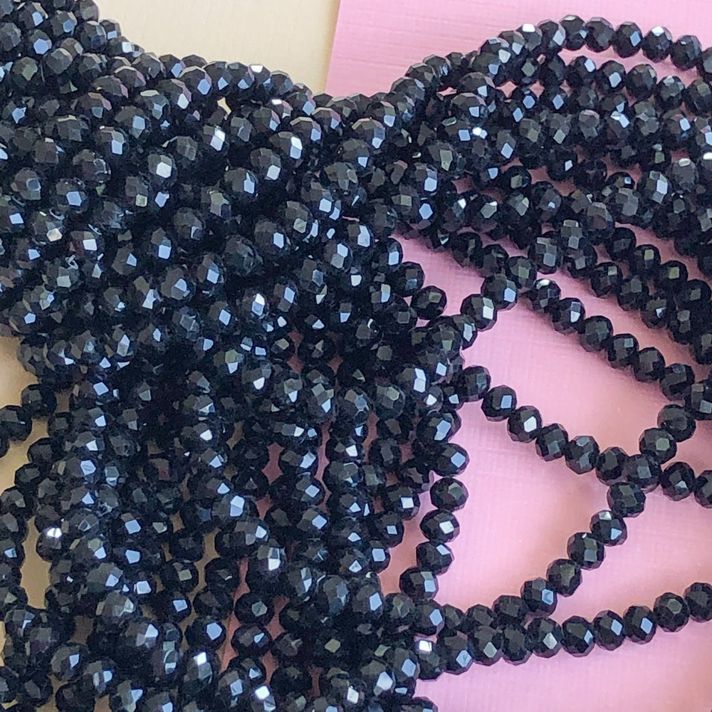 4mm Black Faceted Chinese Crystal Rondelle Strand - Christine White Style