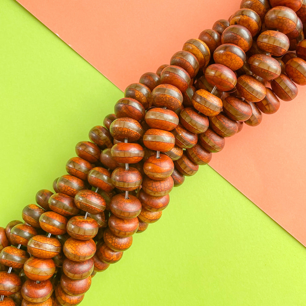 12mm Striped DZI Crackle Chestnut Smooth Agate Rondelle Strand