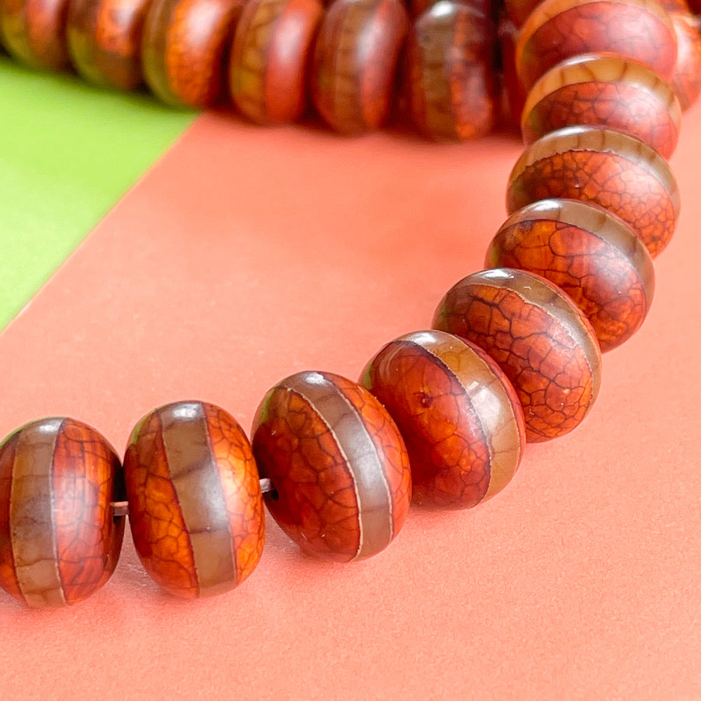 12mm Striped DZI Crackle Chestnut Smooth Agate Rondelle Strand