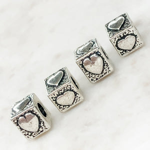 10mm Pewter Heart Cube Bead - 4 Pack - Christine White Style