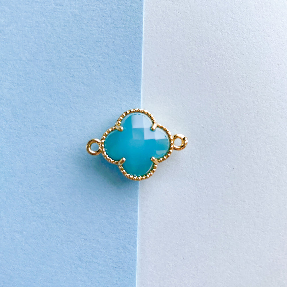 16mm Aqua Crystal Gold Quatrefoil Connector