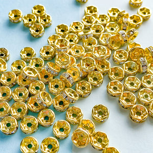 6mm Rhinestone Crystal Rondelle Gold - 100 Pack