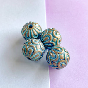 15mm Pewter Patina Round Floral Bead - 4 Pack