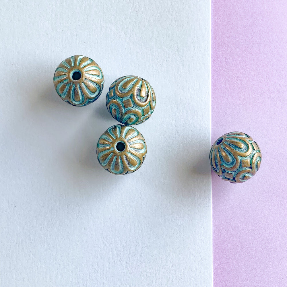 15mm Pewter Patina Round Floral Bead - 4 Pack